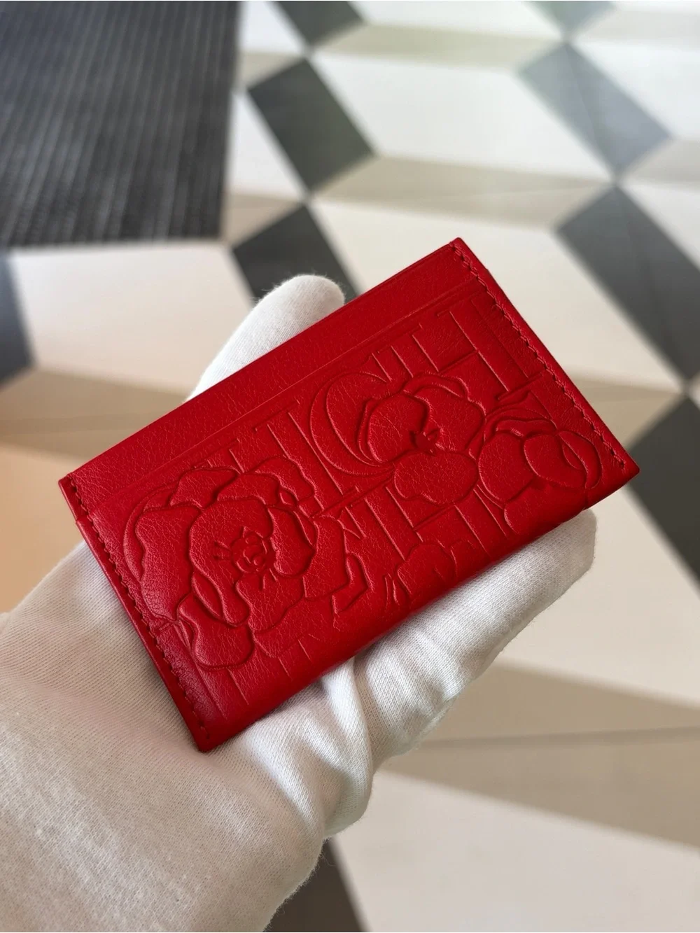 New Authentic Carolina Herrera Embossed Floral Leather, Scarlet Red Card Holder